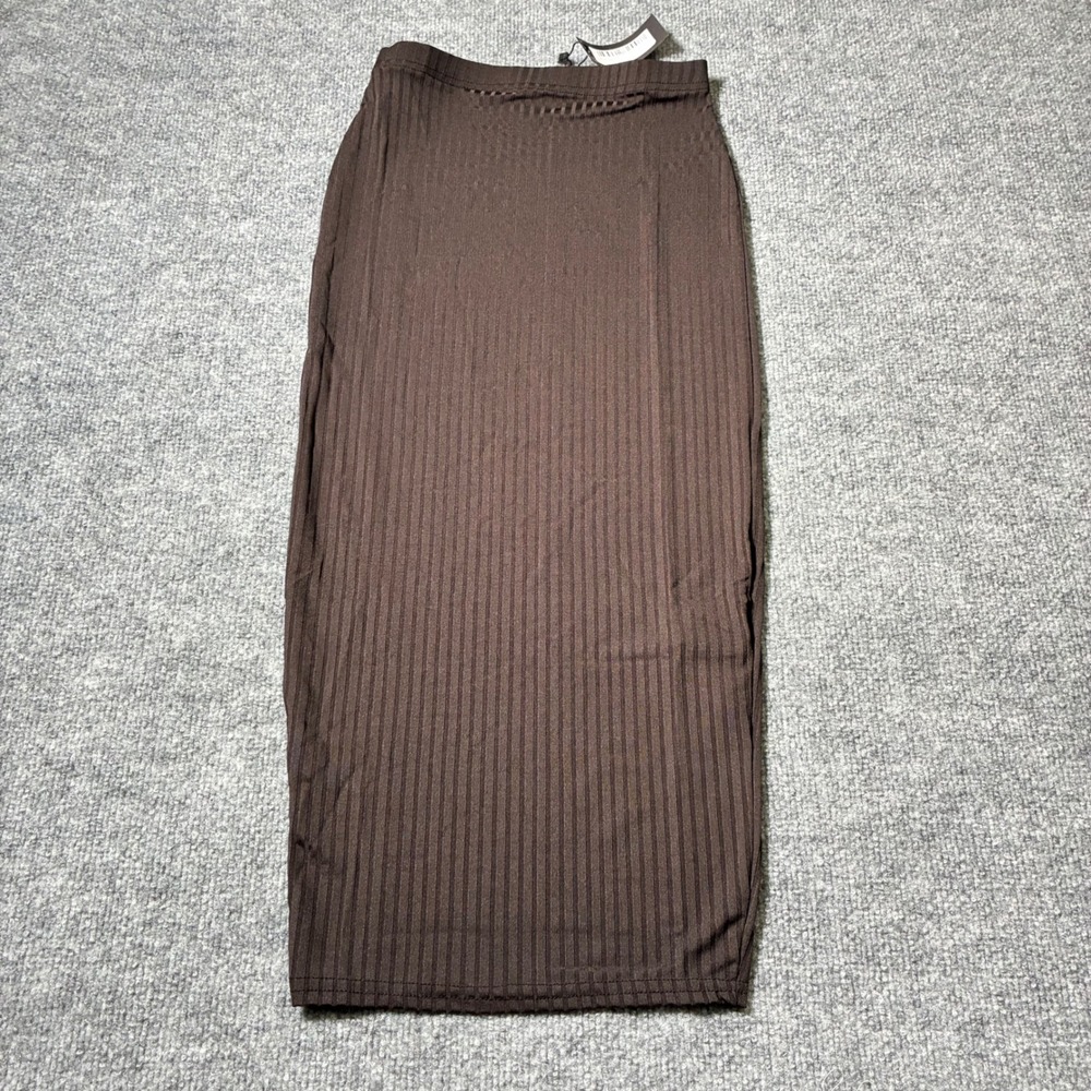 PrettyLittleThing Womens Brown Ribbed High Waist Midi Pencil Skirt Sz.2 Workwear